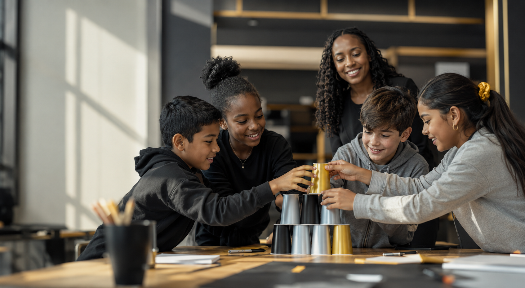 Young people collaborating during a leadership challenge